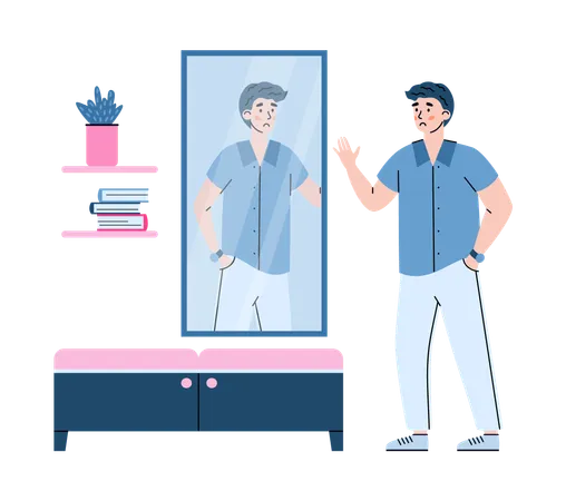 Non-confident young man in front of mirror  Illustration