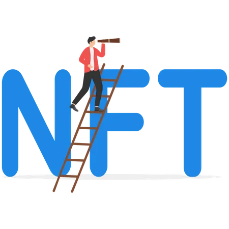 Survey NFT Market For Speculating Or New Alternative Way To Increase Income Concept Businessman With Telescope Climb Up Word NFT To Seek Opportunity Illustration