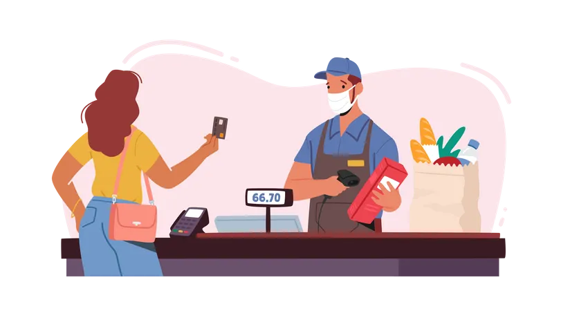 Noncontact Payment Concept Salesman Character In Facial Mask Use Pos Terminal Female Customer In Supermarket Prepare Card For Cashless Paying Buy Food In Store Cartoon People Vector Illustration イラスト