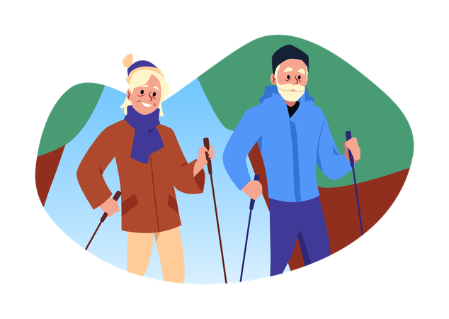 Nordic Walking mit älterem Ehepaar  Illustration