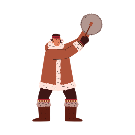 North man in traditional Eskimos clothing beating the drum  Illustration