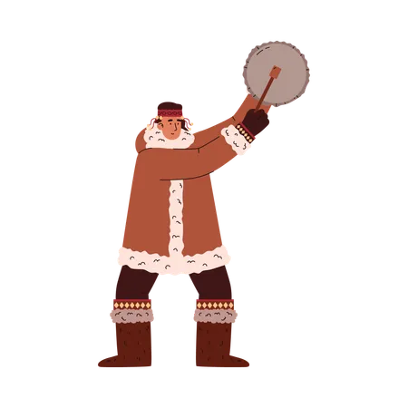 North man in traditional Eskimos clothing beating the drum  Illustration