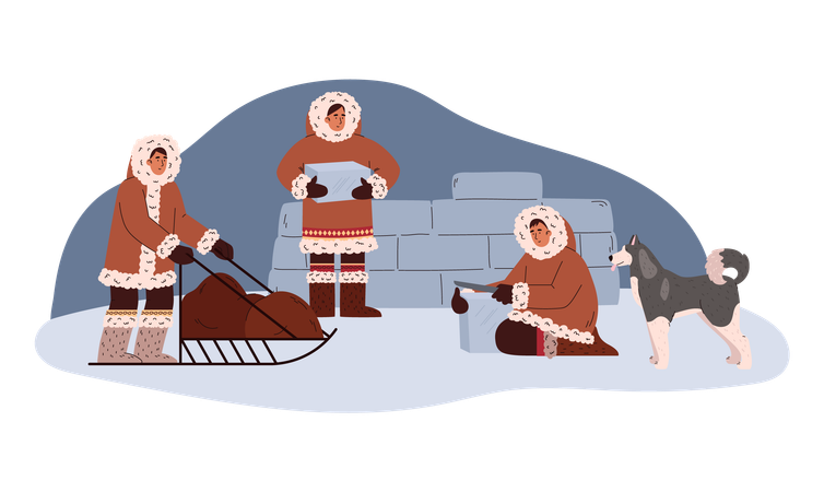 North people in traditional Eskimos clothing  Illustration