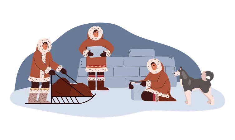 North people in traditional Eskimos clothing  Illustration