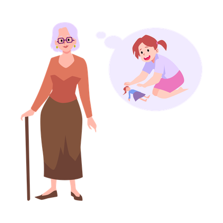 Nostalgic elderly woman remembers childhood  Illustration