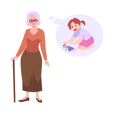 Nostalgic elderly woman remembers childhood  Illustration