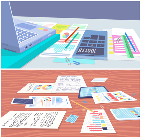 Notas de negócios e gráficos na mesa  Ilustração