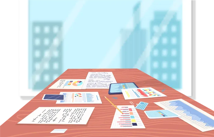Notas de negócios e gráficos na mesa  Ilustração