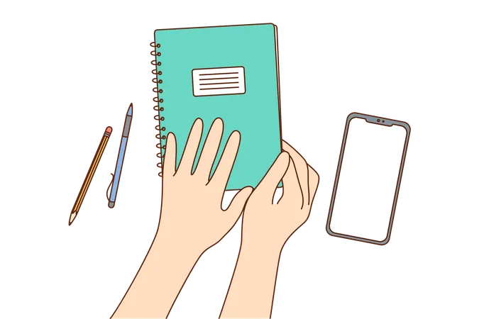 Education Study Lesson Learning Concept Man Or Woman Student Pupil Cartoon Hands Holding Opening Exercise Book At School Table In Classroom Getting Knowledge Or Making Business Diary Illustration Illustration