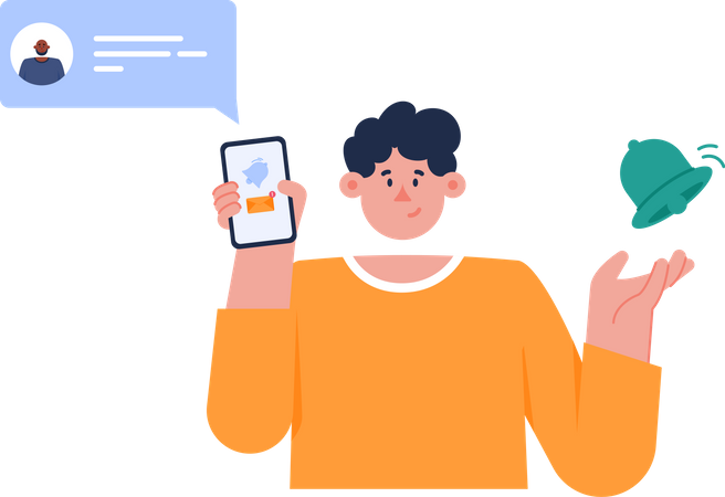 Notificación de chat con un hombre sosteniendo un teléfono inteligente  Ilustración
