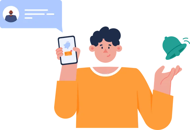 Notificación de chat con un hombre sosteniendo un teléfono inteligente  Ilustración