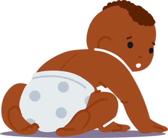Couche de bébé africain nouveau-né assise sur le sol, vue arrière isolée sur fond blanc. Enfant noir innocent mignon  Illustration