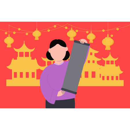 Ggirl regardant le parchemin du Nouvel An chinois  Illustration