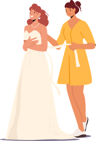Una amiga ayuda a la hermosa novia a vestirse de encaje antes de la ceremonia de boda  Ilustración