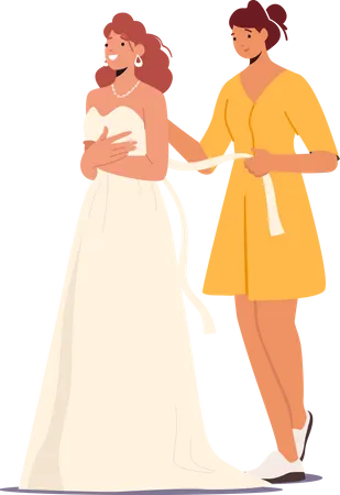 Una amiga ayuda a la hermosa novia a vestirse de encaje antes de la ceremonia de boda  Ilustración
