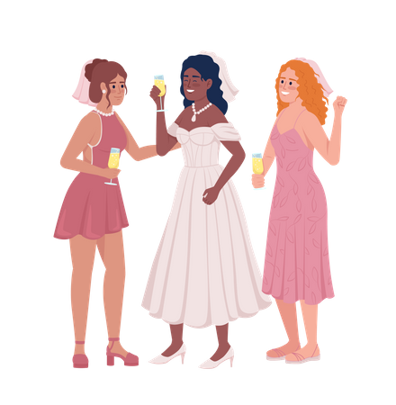 Novia con damas de honor bebiendo vino  Ilustración