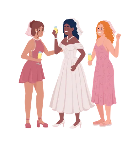 Novia con damas de honor bebiendo vino  Ilustración