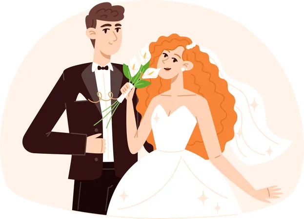 Novia con ramo de flores y novio en boda  Ilustración