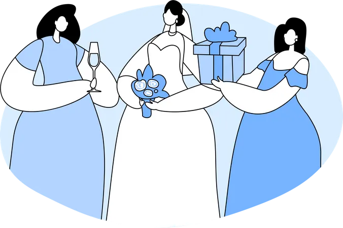 Novia con vestido de novia blanco de pie con dama de honor  Ilustración