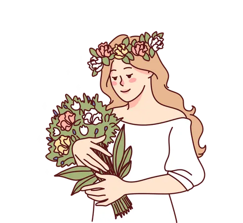 Novia sosteniendo ramo de flores  Ilustración