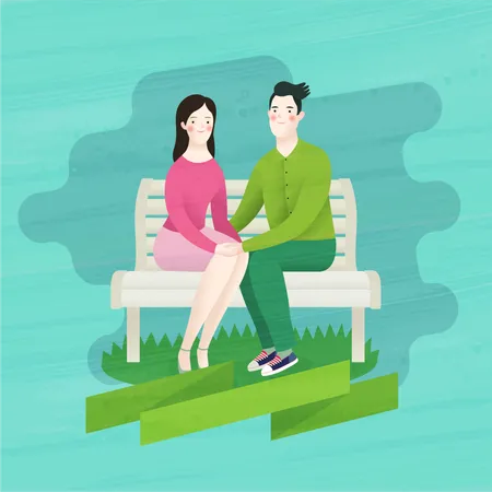 Novia y novio sentados en un banco  Ilustración