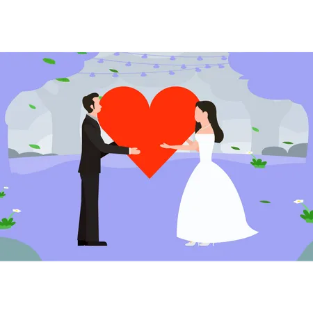La novia y el novio sosteniendo corazones  Ilustración
