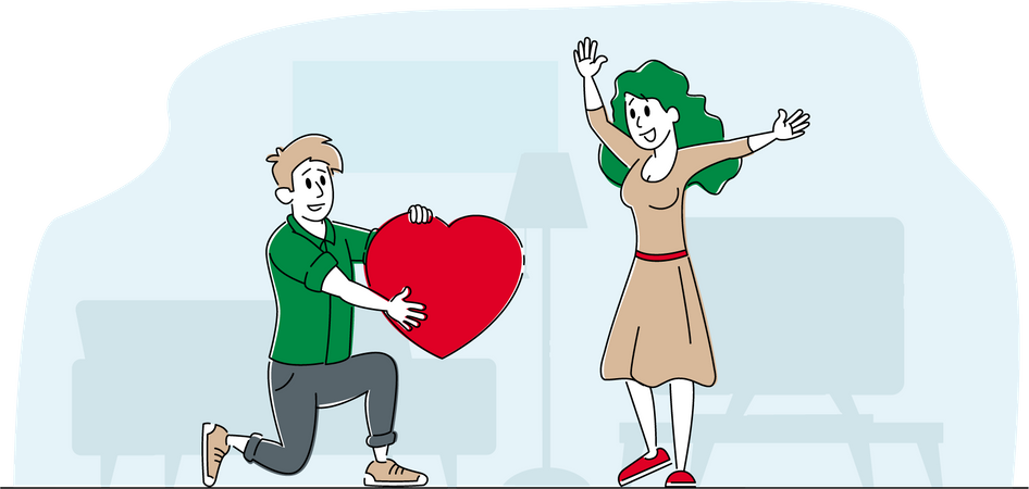 Novio amoroso presentando corazón a su novia parada sobre rodillas  Ilustración