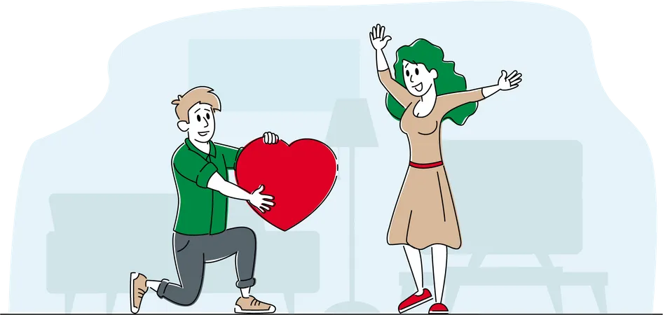 Novio amoroso presentando corazón a su novia parada sobre rodillas  Ilustración