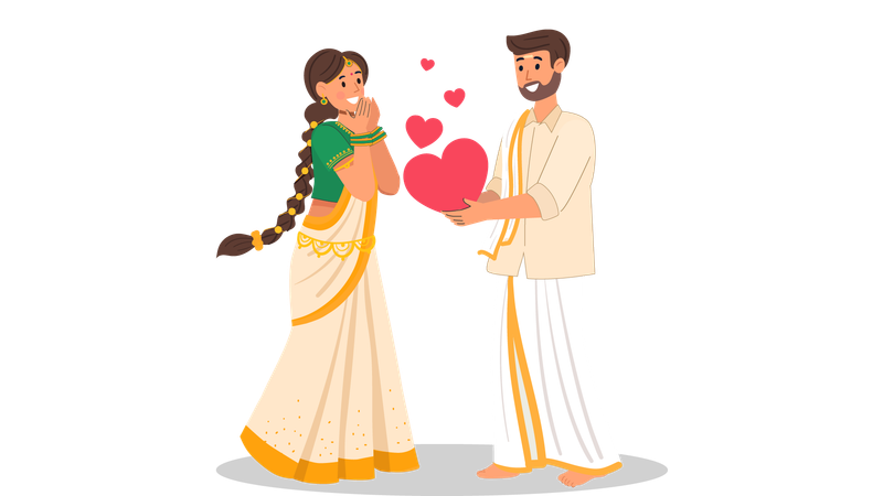 Novio del sur de India dando corazón a la novia  Ilustración