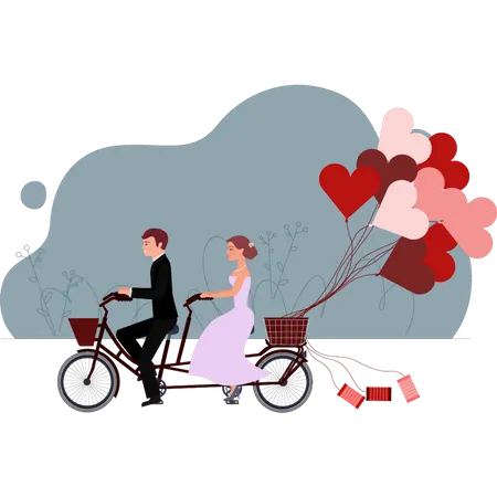 El Novio Y La Novia Estan Dando Un Romantico Paseo En Bicicleta Con Globos De Corazon Ilustración