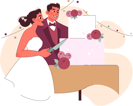 Pareja de novios cortando pastel de bodas  Ilustración