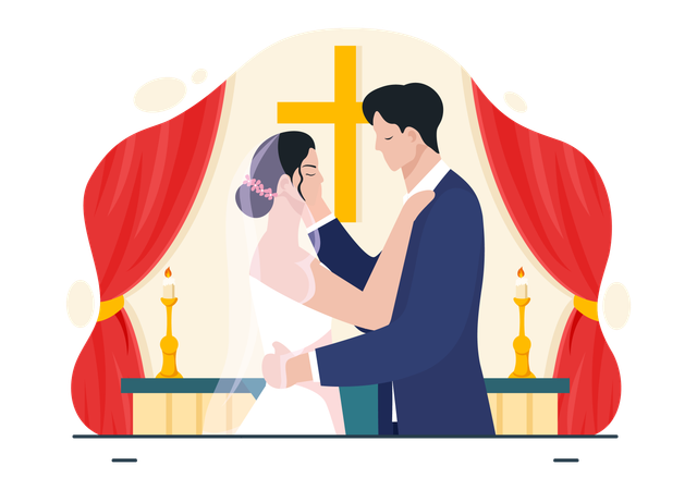 Pareja de novios en la iglesia  Ilustración