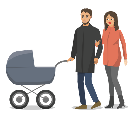 Novos pais andando com carrinho de bebê  Illustration