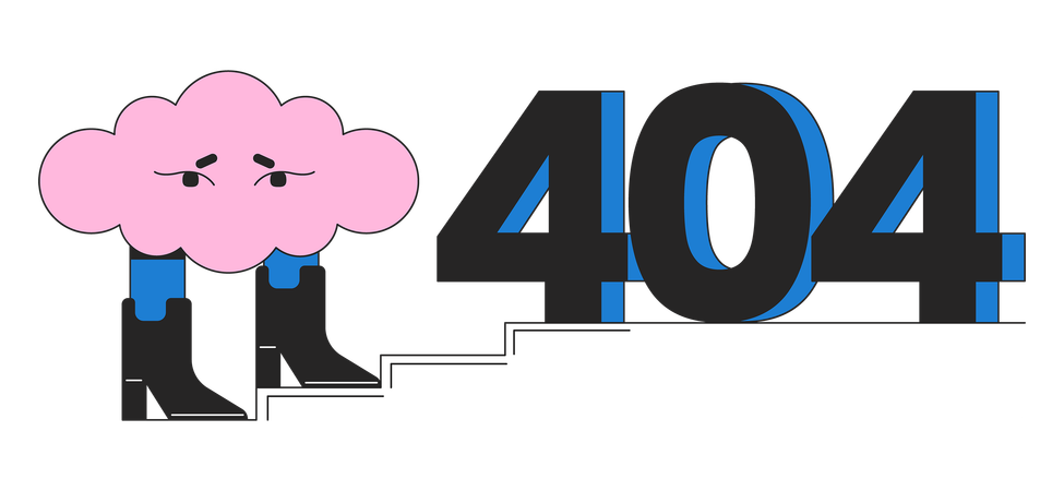 Nube surrealista en botas con obstáculo en las escaleras mensaje flash error 404  Ilustración