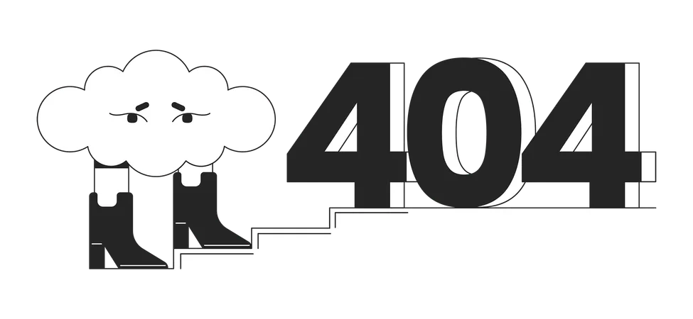 Nube surrealista en botas con obstáculo en las escaleras mensaje flash error 404  Ilustración