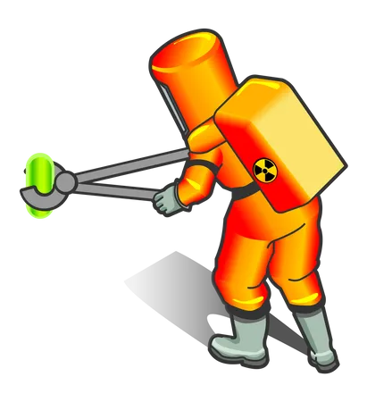 Nuclear Worker holding radioactive object with fire tongs  Illustration