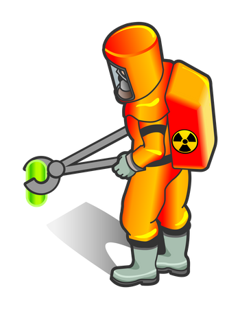 Nuclear Worker holding radioactive object with fire tongs  Illustration