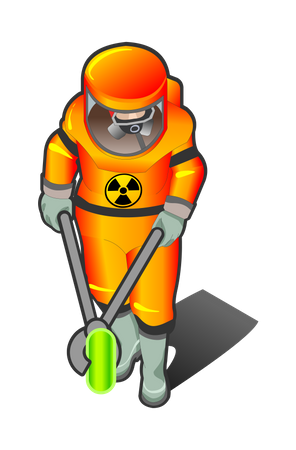 Nuclear Worker holding radioactive object with fire tongs  Illustration