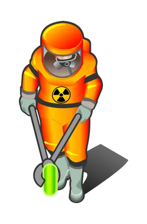 Nuclear Worker holding radioactive object with fire tongs  Illustration