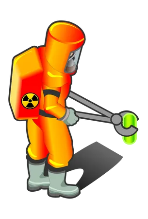 Nuclear Worker holding radioactive object with fire tongs  Illustration