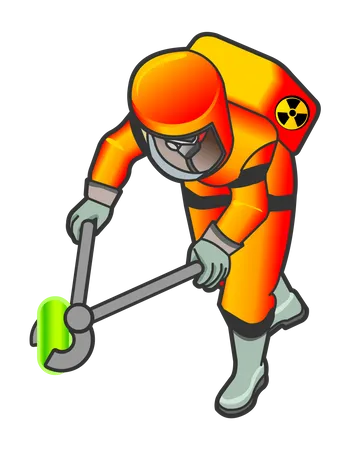 Nuclear Worker holding radioactive object with fire tongs  Illustration