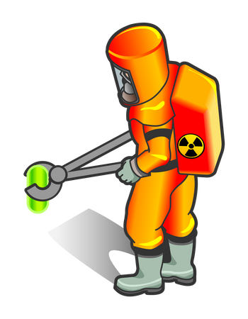 Nuclear Worker holding radioactive object with fire tongs  Illustration