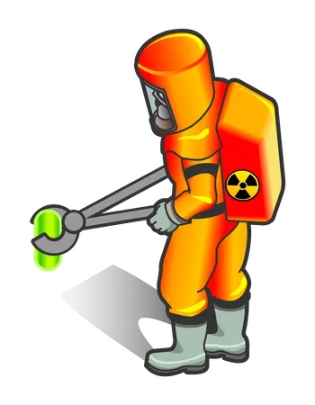 Nuclear Worker holding radioactive object with fire tongs  Illustration