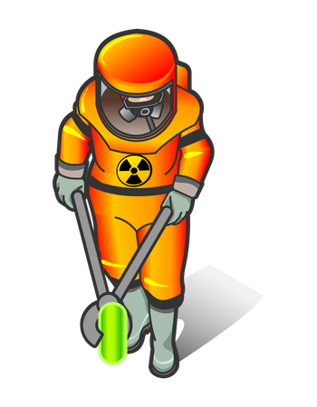 Nuclear Worker holding radioactive object with fire tongs  Illustration