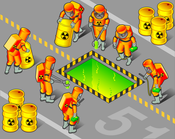 Nuclear Worker putting radioactive objects into safe chemical  Illustration