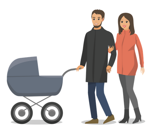Nuevos padres caminando con cochecito de bebé.  Ilustración