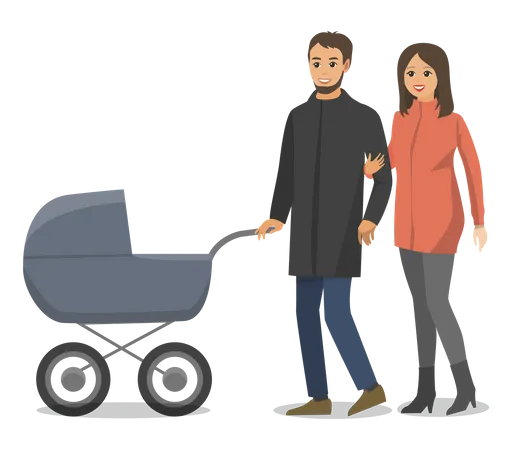 Nuevos padres caminando con cochecito de bebé.  Ilustración