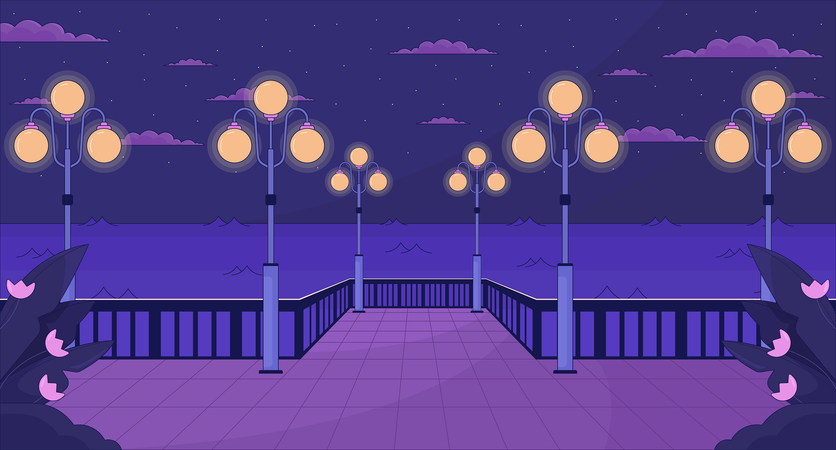 Bord de mer de nuit avec lampadaires  Illustration