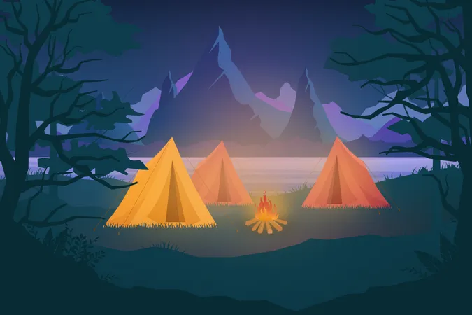 Camping aventure nature en plein air de nuit  Illustration