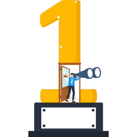 Number One Trophy with Businessman Looking Through Binoculars Achievement  Illustration